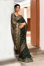 Joban Fashion Emerald Green Crepe Chiffon Pure Handloom Banarasi Silk Saree