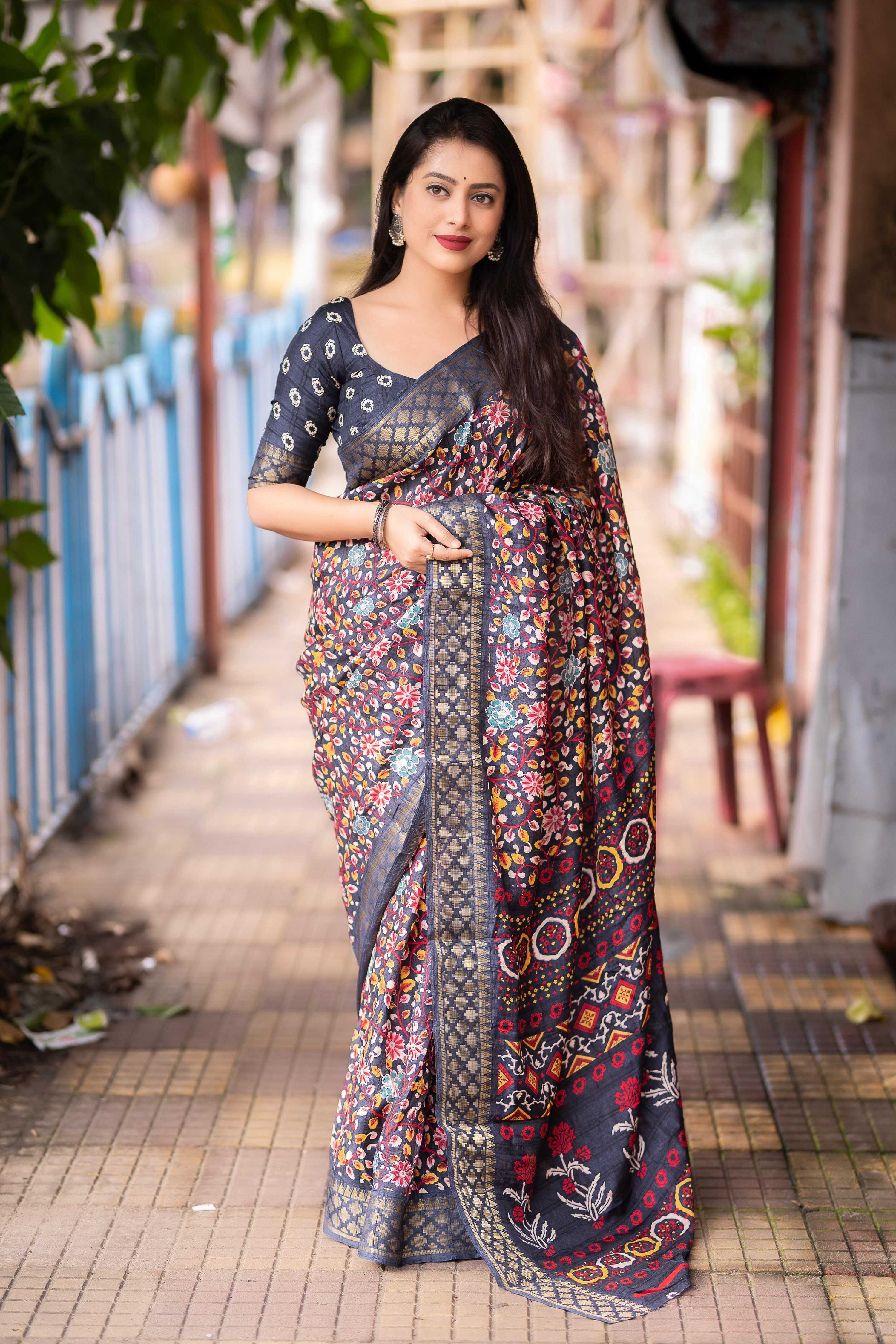 Grey Slub Silk Printed Saree with Unstitched Blouse - Hiral Fashion