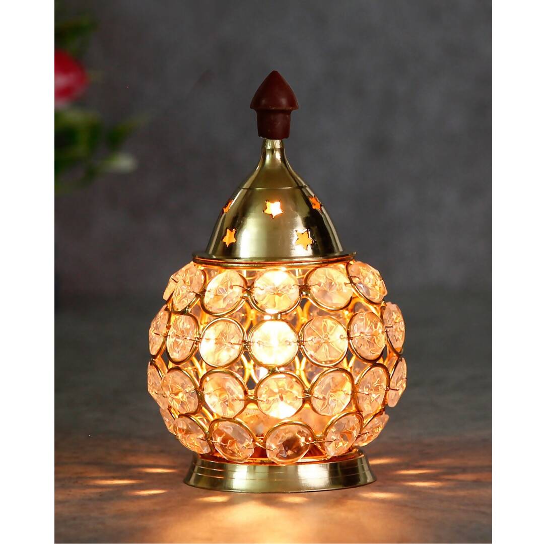 eCraftIndia Gold-Toned & Transparent Crystal & Brass Akhand Diya