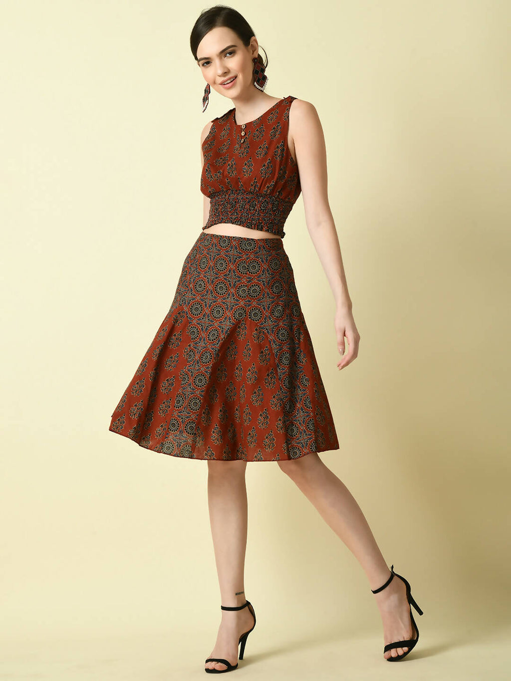 Myshka Women's Rust Pure Cotton Printed Flared Skirt