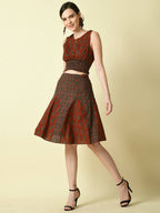 Myshka Women's Rust Pure Cotton Printed Flared Skirt