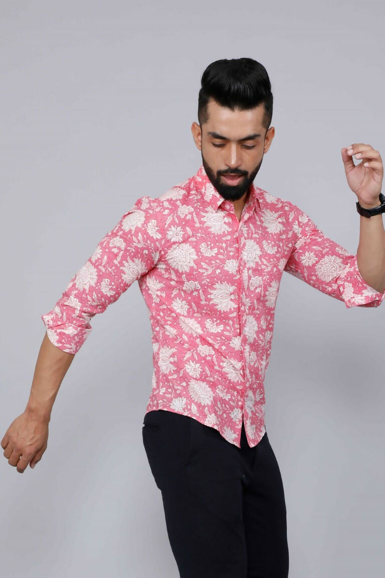 Miravan Men's Pink Floral Print Comfort Cotton Casual Shirt