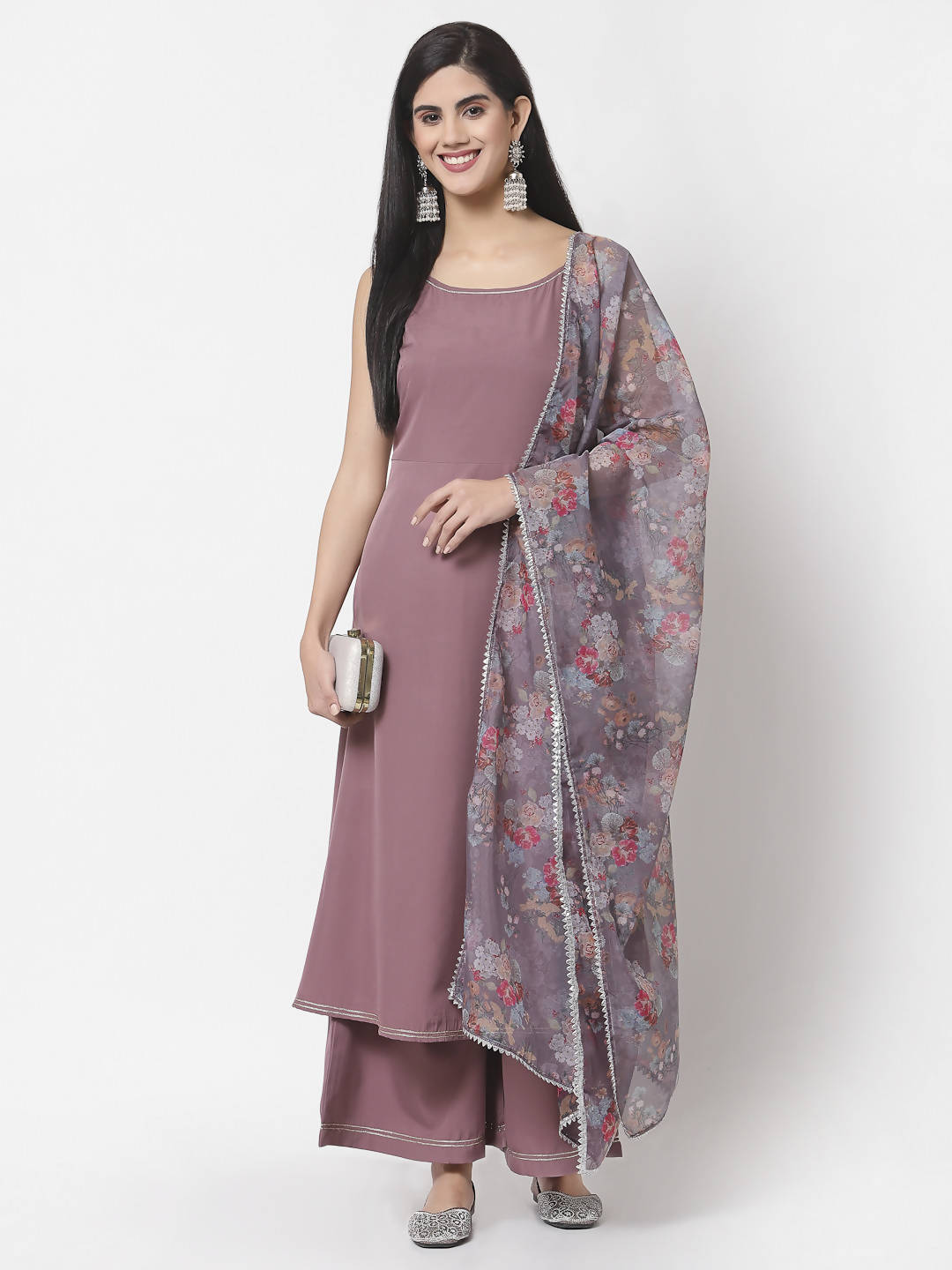 Myshka Women Mauve Silk Blend Solid Sleeveless Round Neck Neck Kurta Palazzo Dupatta Set