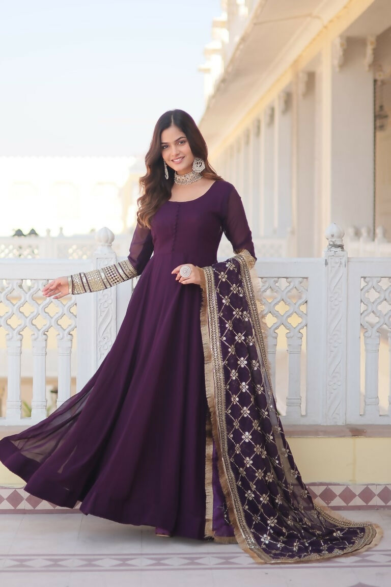 Jyoti Fashion Women's Wine Faux Blooming Sequins Zari Embroidered Anarkali Dress with Dupatta