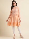 Peach Poly Cotton Yoke Embroidered A-line Top - Tarini