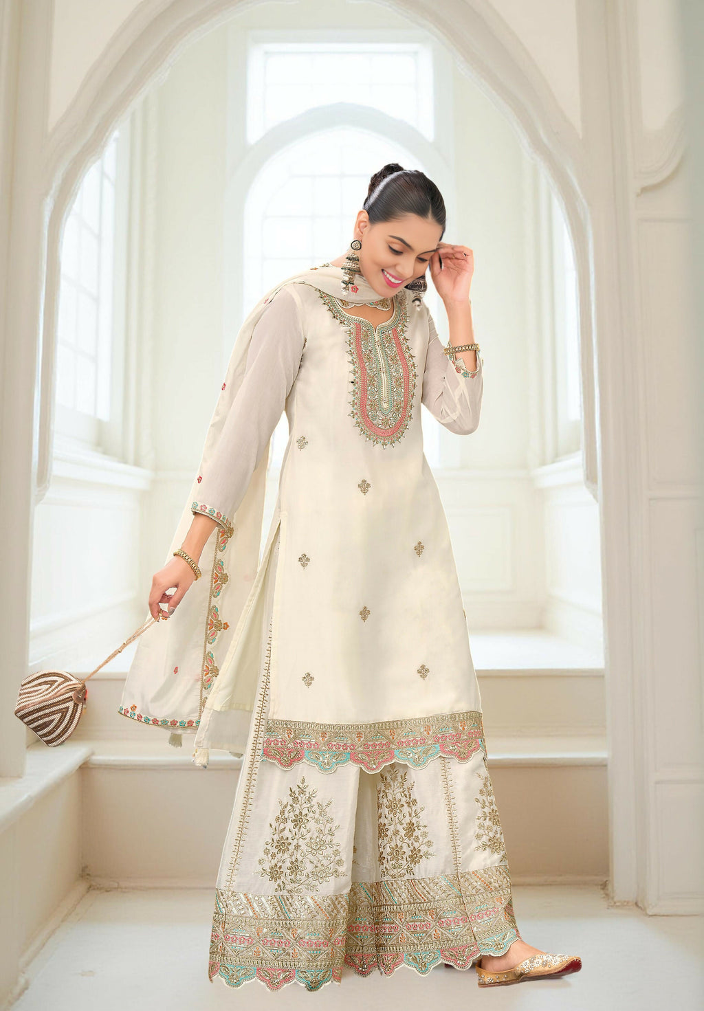 Ethnic Festive Wear White Primium Chinon Fabric Stitched Suit With Dupatta - Zeeya