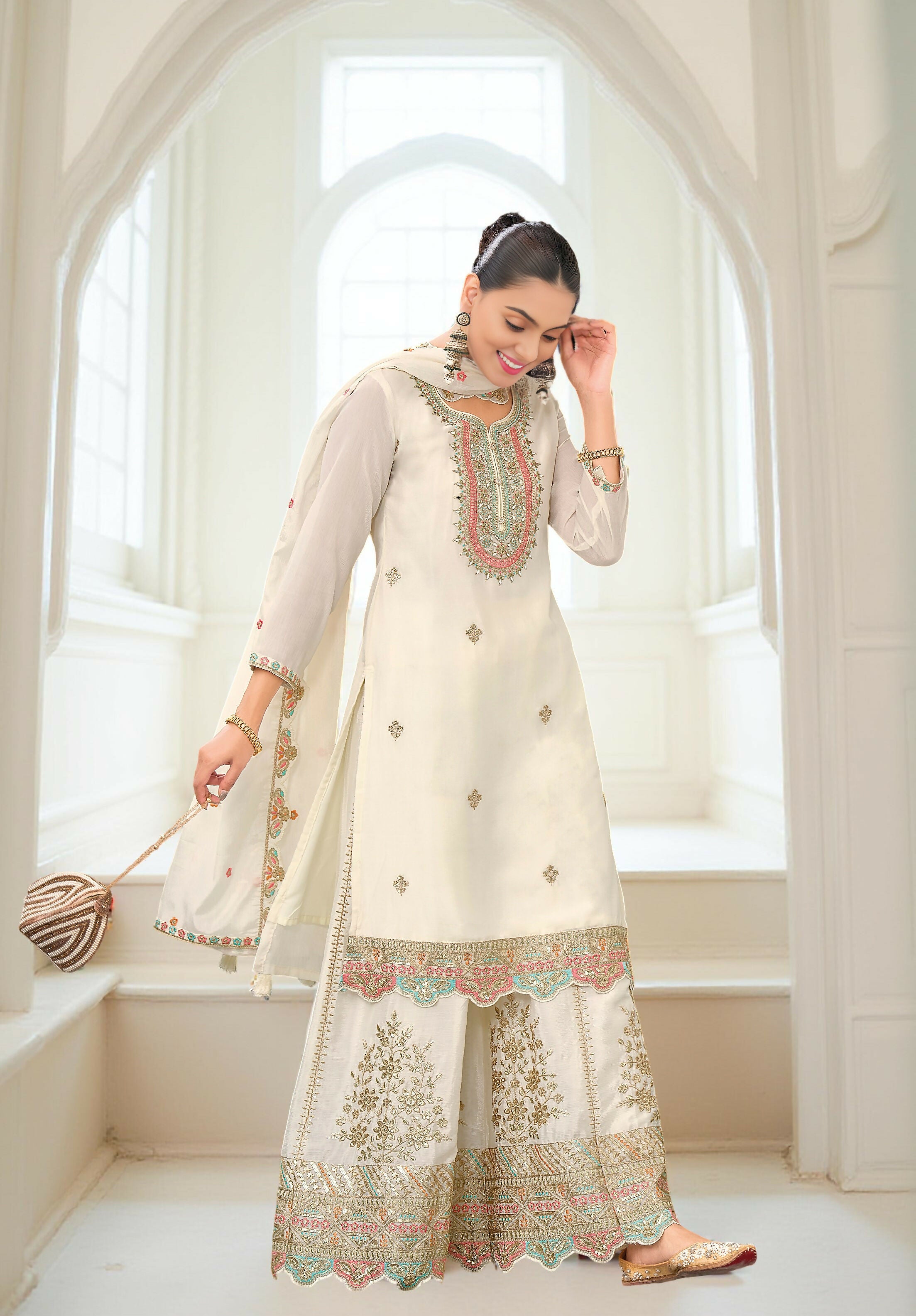 Ethnic Festive Wear White Primium Chinon Fabric Stitched Suit With Dupatta - Zeeya