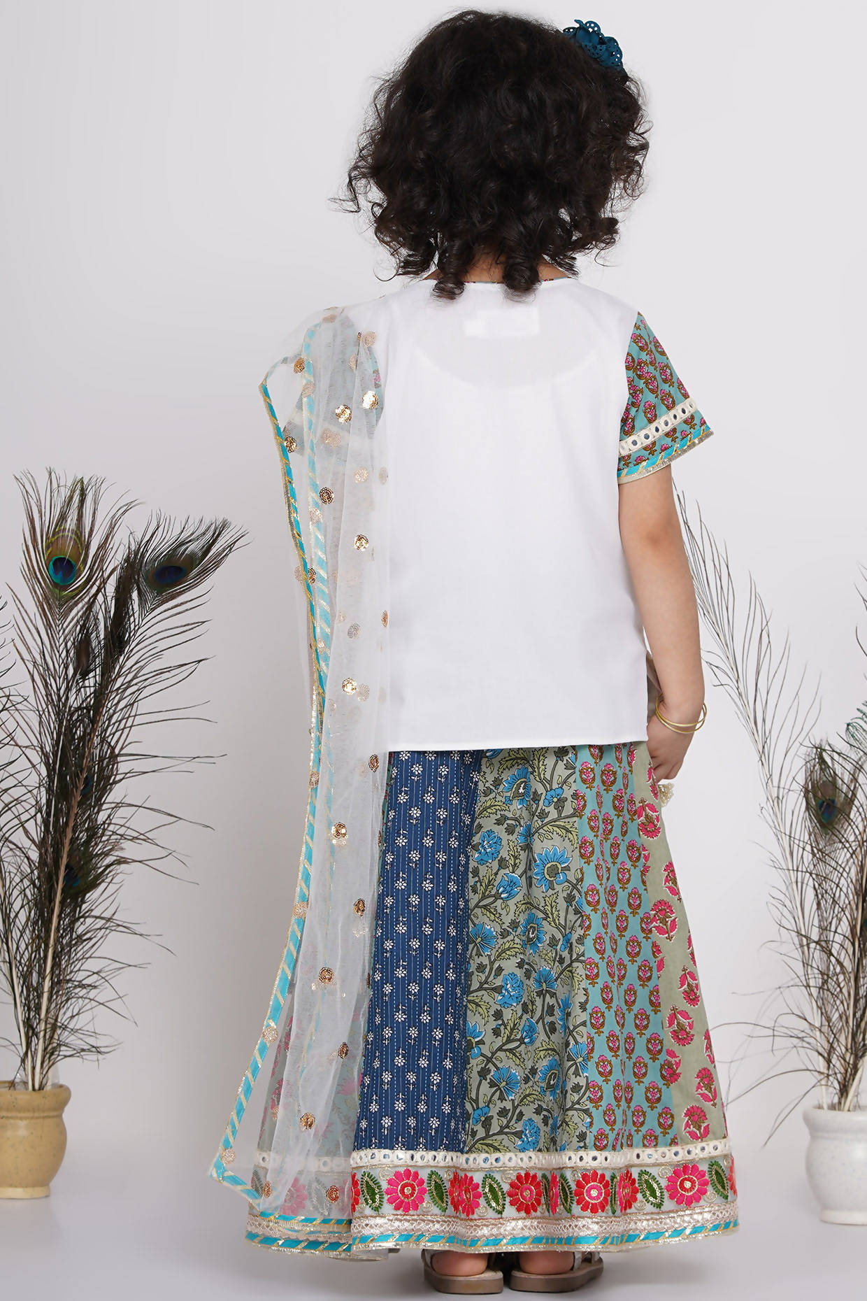 Little Bansi Girls Cotton Embroidery Kurta With Lehenga & Tussel - White & Multicolor