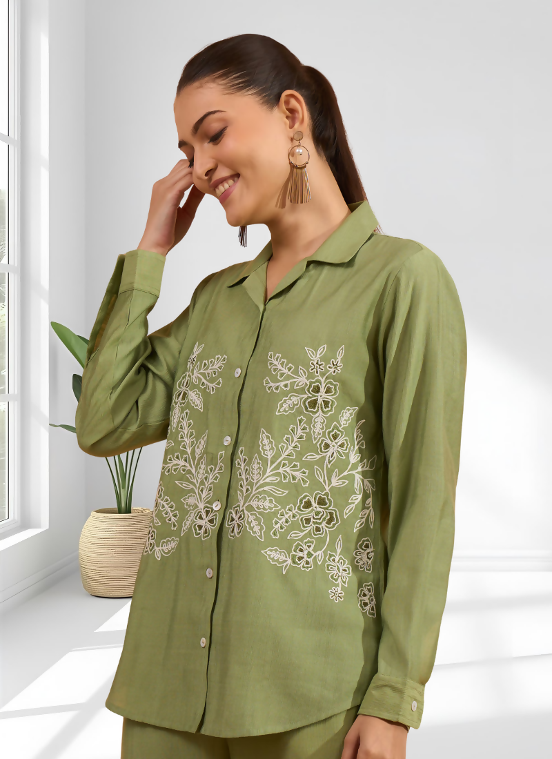 Joban Fashion Green Silk Embroidered Readymade Cord Set - Distacart