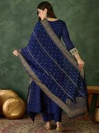 The52 Blue Women's Gorgeous Embroidered Work Vichitra Silk Fabric Flared Kurta Pant and Dupatta Set - Distacart