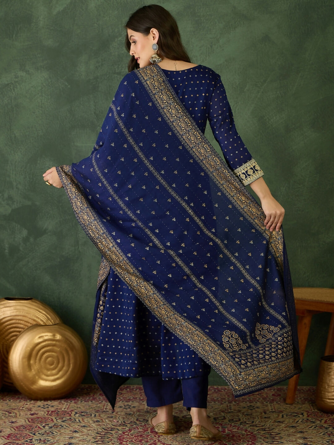 The52 Blue Women's Gorgeous Embroidered Work Vichitra Silk Fabric Flared Kurta Pant and Dupatta Set - Distacart