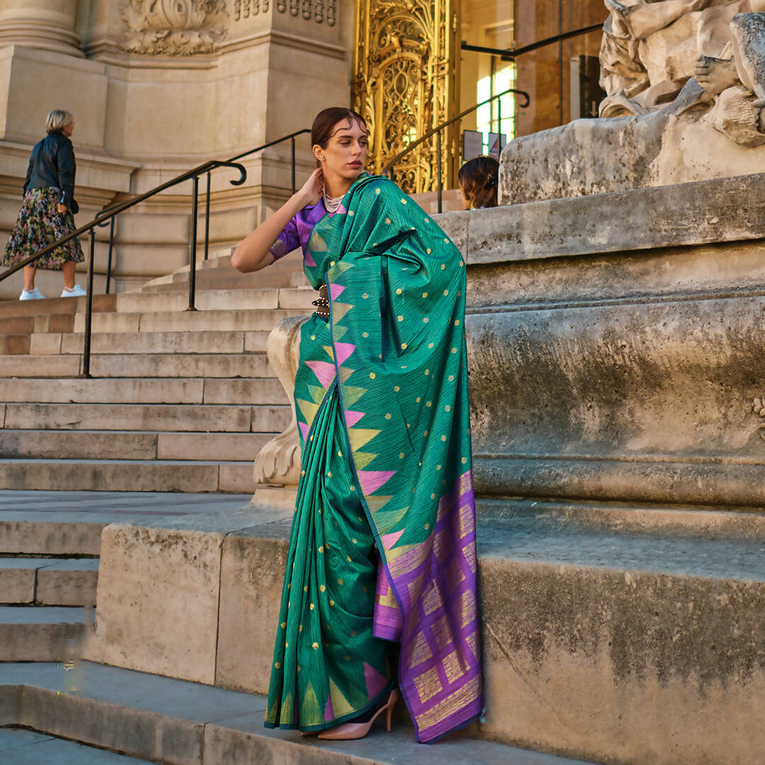 Teal Green Handloom Khaddi Silk Saree With Contrast Pallu & Blouse - Rajtex Khwaab Silk