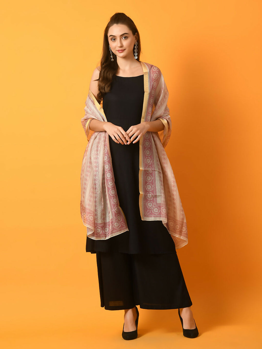 Myshka Women's Black Solid Anarkali Party Kurta Set With Printed Dupatta