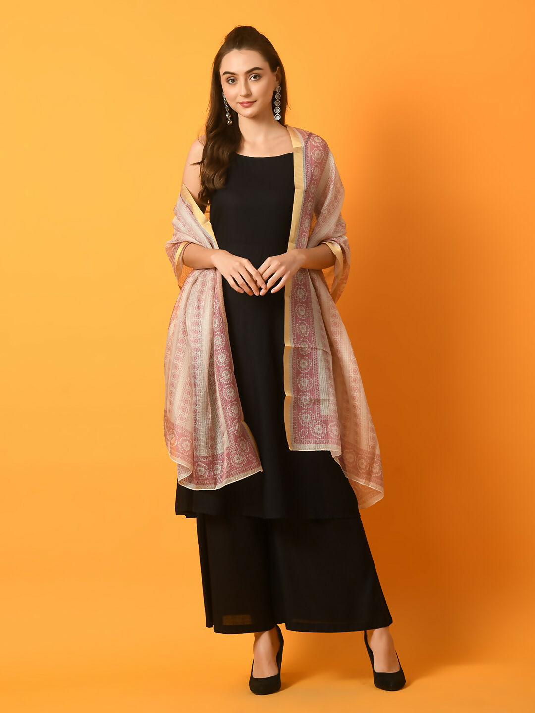 Myshka Women's Black Solid Anarkali Party Kurta Set With Printed Dupatta