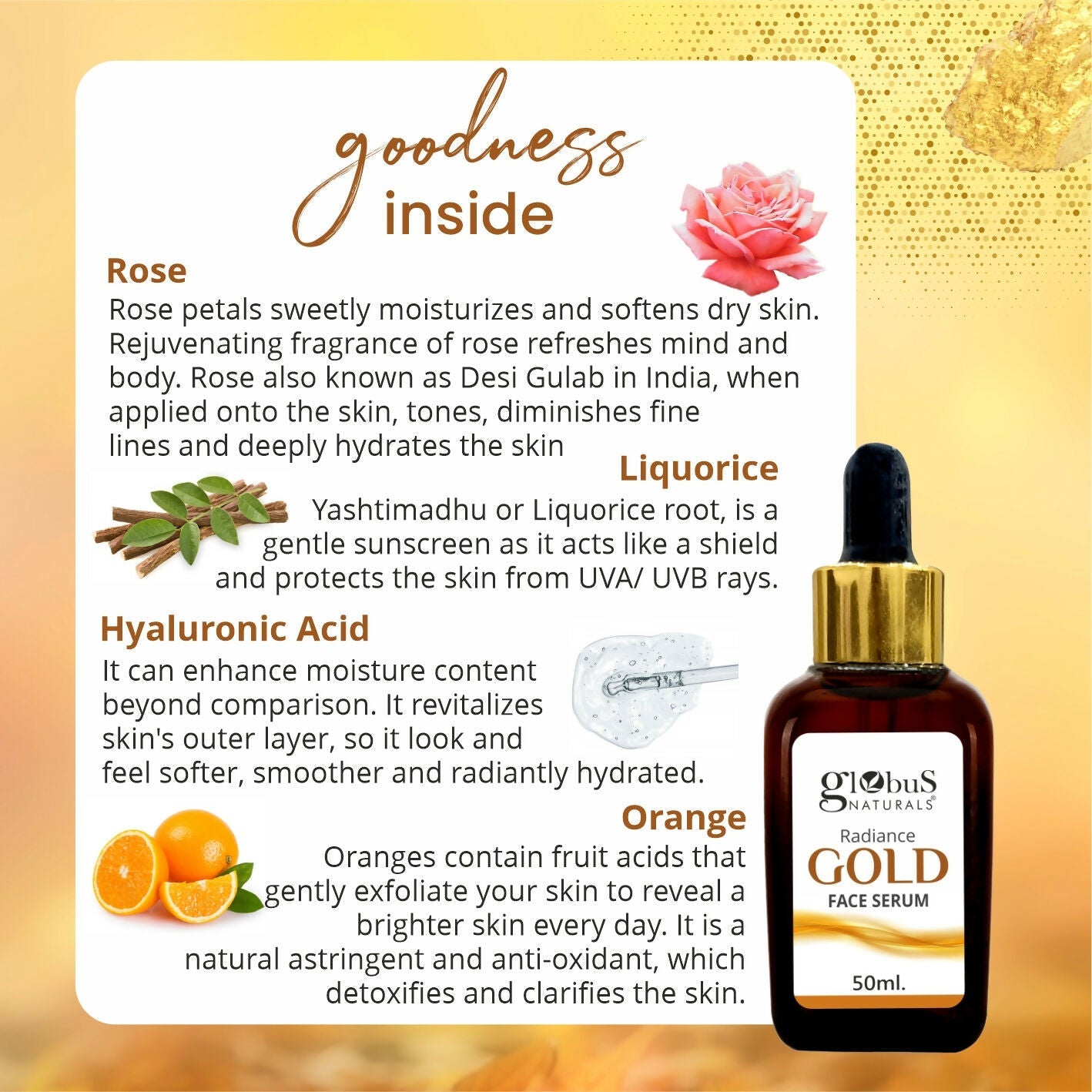 Globus Naturals Gold Radiance Anti Ageing & Brightening Face Serum, Suitable For All Skin Types - Distacart