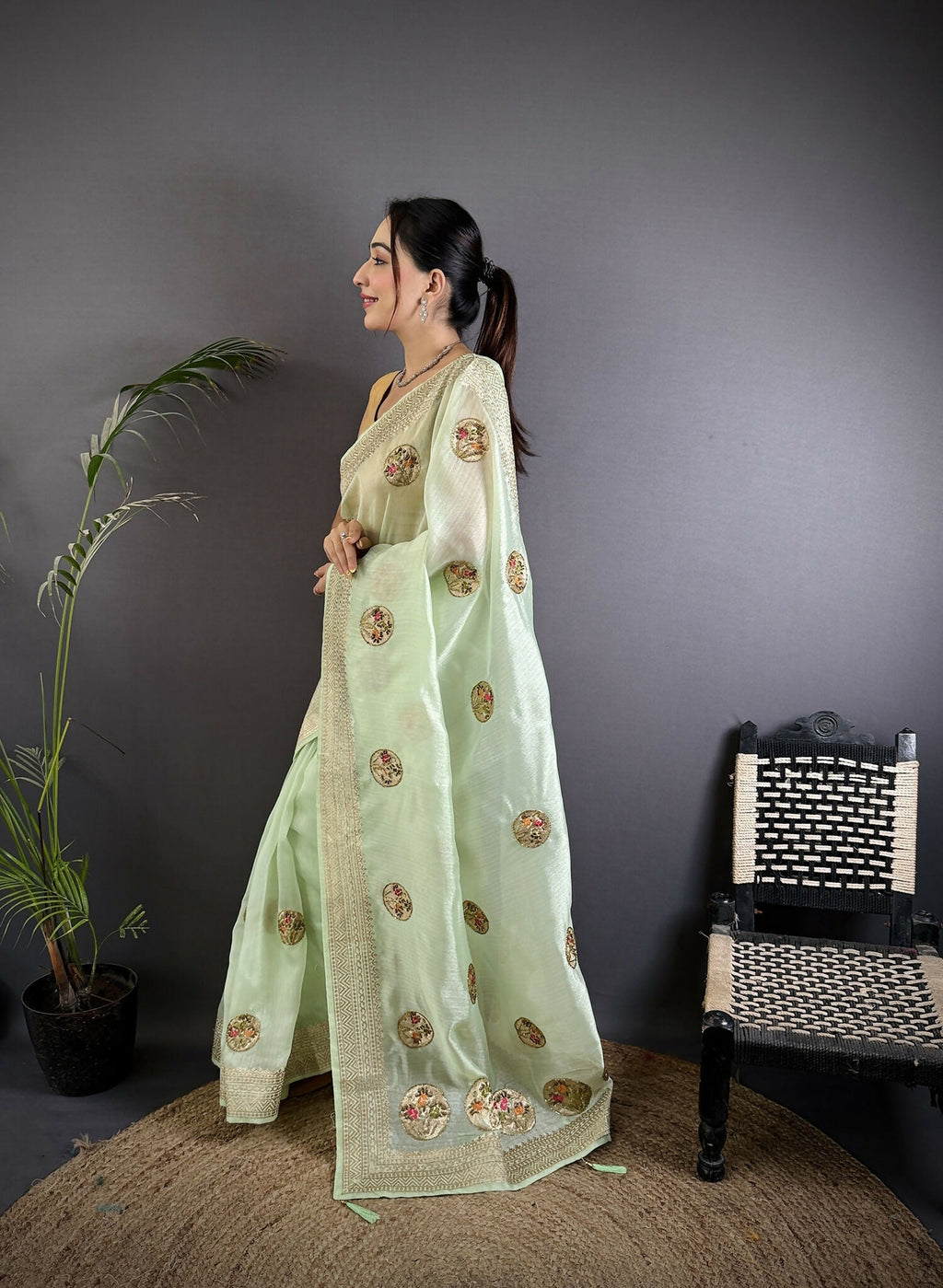 Joban Fashion Light Green Handloom Banarasi Organza Silk Khatali Butta Work Saree - Distacart