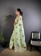 Joban Fashion Light Green Handloom Banarasi Organza Silk Khatali Butta Work Saree - Distacart