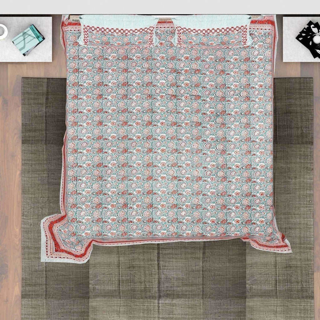 Hand Printed Jaipuri Double/Queen 230x270 Cms Bedsheet with 2 Pillow Covers