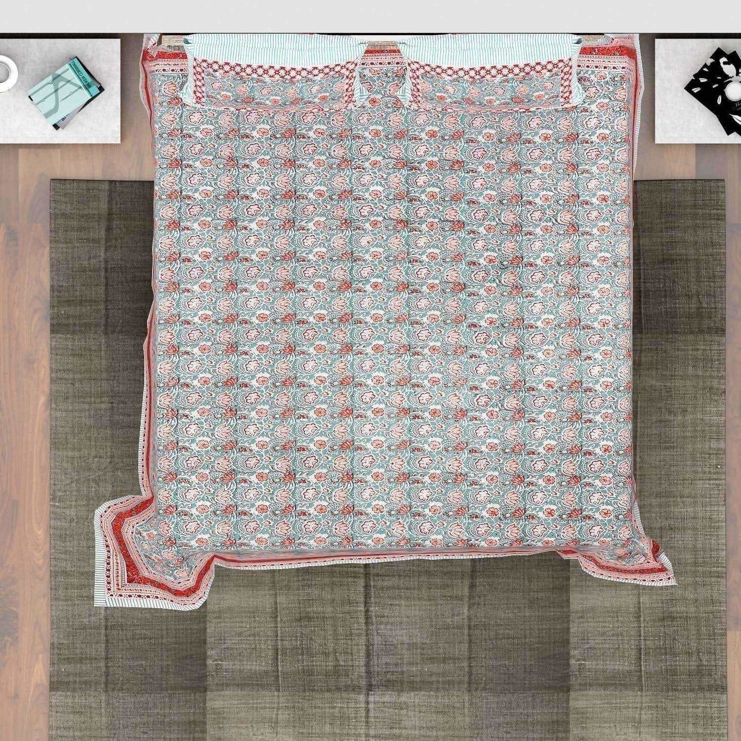 Hand Printed Jaipuri Double/Queen 230x270 Cms Bedsheet with 2 Pillow Covers