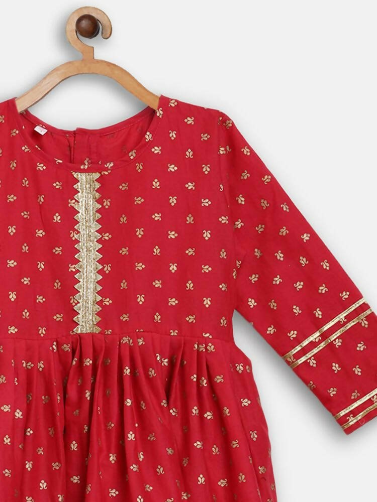 Ahalyaa Red Crepe Gold Printed Kids Kurta Sharara Set For Girls