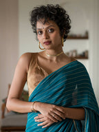 Suta Turquoise Blue Striped Viscose Rayon Saree - Distacart