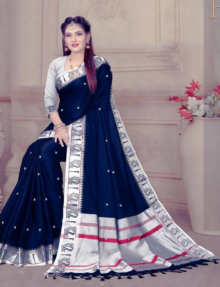 DEIANA'S Beautiful Designer Golden zari Soft Lichi Silk Saree - Blue