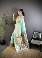 Joban Fashion Sea Green Peacock & Floral Motifs Soft Lichi Silk Kanchipuram Saree - Distacart