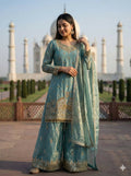 Teeya Creation Teal Fendy Silk Heavy Embroidery Work Party Wear Palazzo Suit - Distacart