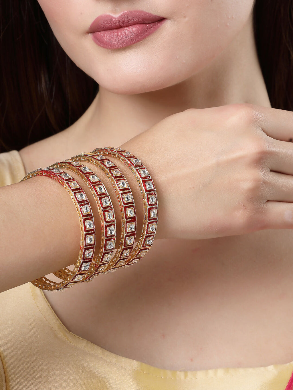 NVR Women's Set Of 4 Gold-Plated Red Kundan-Studded Traditional Bangles - Distacart
