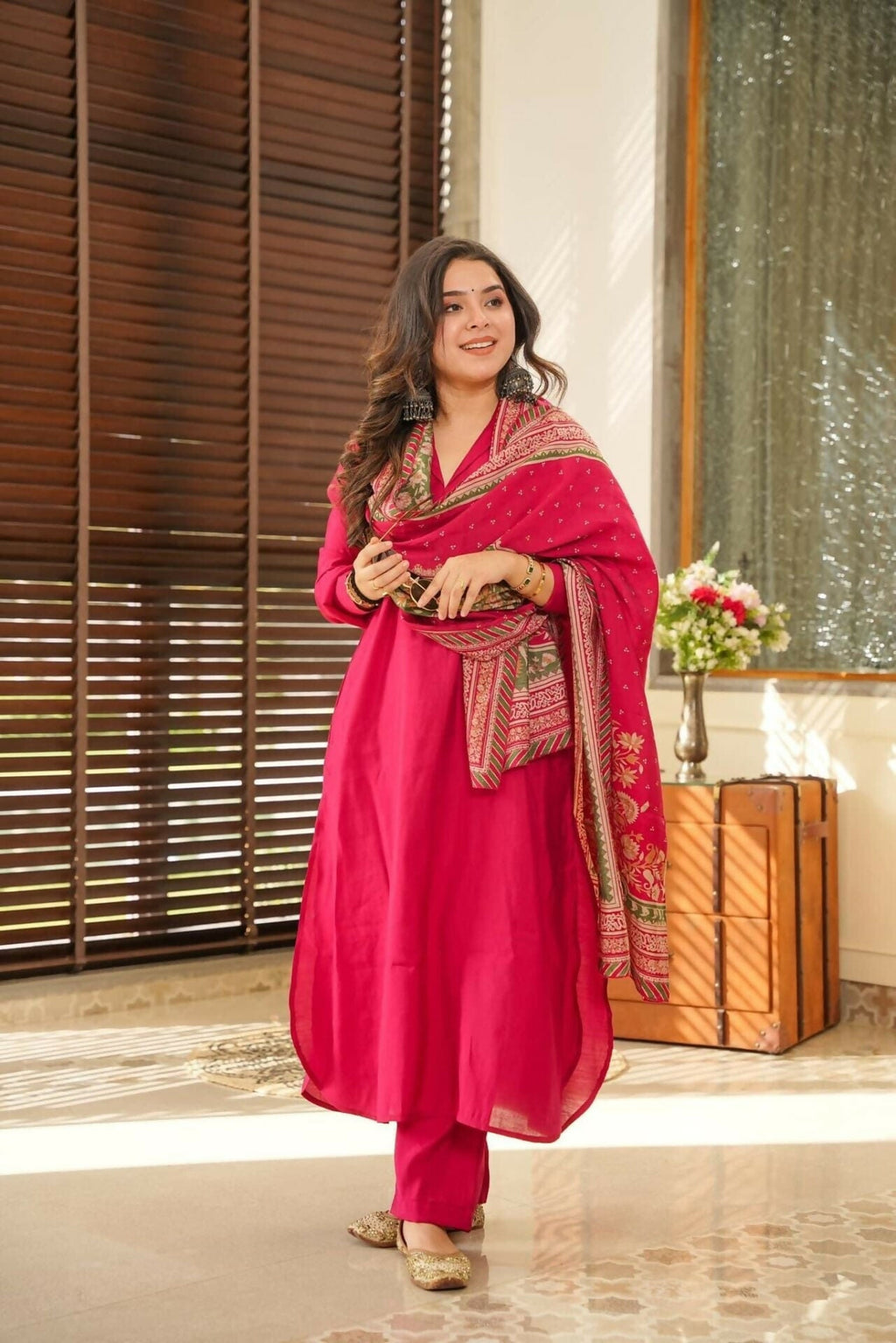 The52 Rani Women's Beautiful South Cotton Fabric Straight Kurta with Pant And Dupatta Set - Distacart
