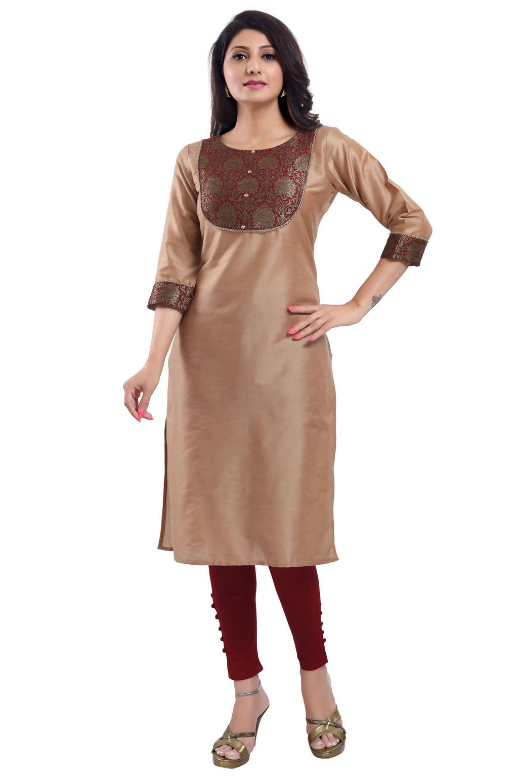 Snehal Creations Beige Cotton Silk Kurti Top - Distacart