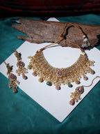 Kundan Choker with Matching Earrings & Maang Tikka Jewellery Set (Gold) - Ruby Raang