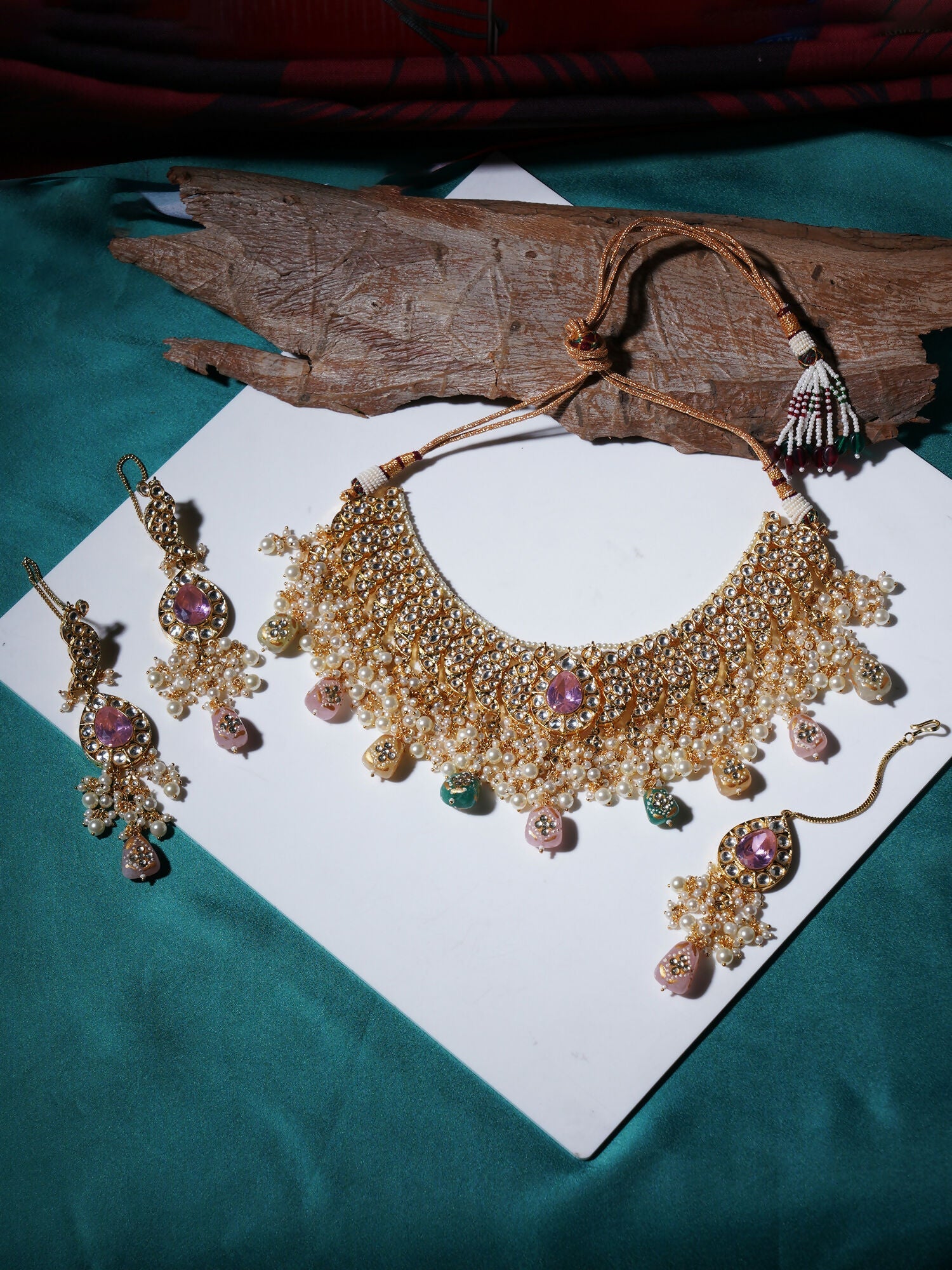 Kundan Choker with Matching Earrings & Maang Tikka Jewellery Set (Gold) - Ruby Raang