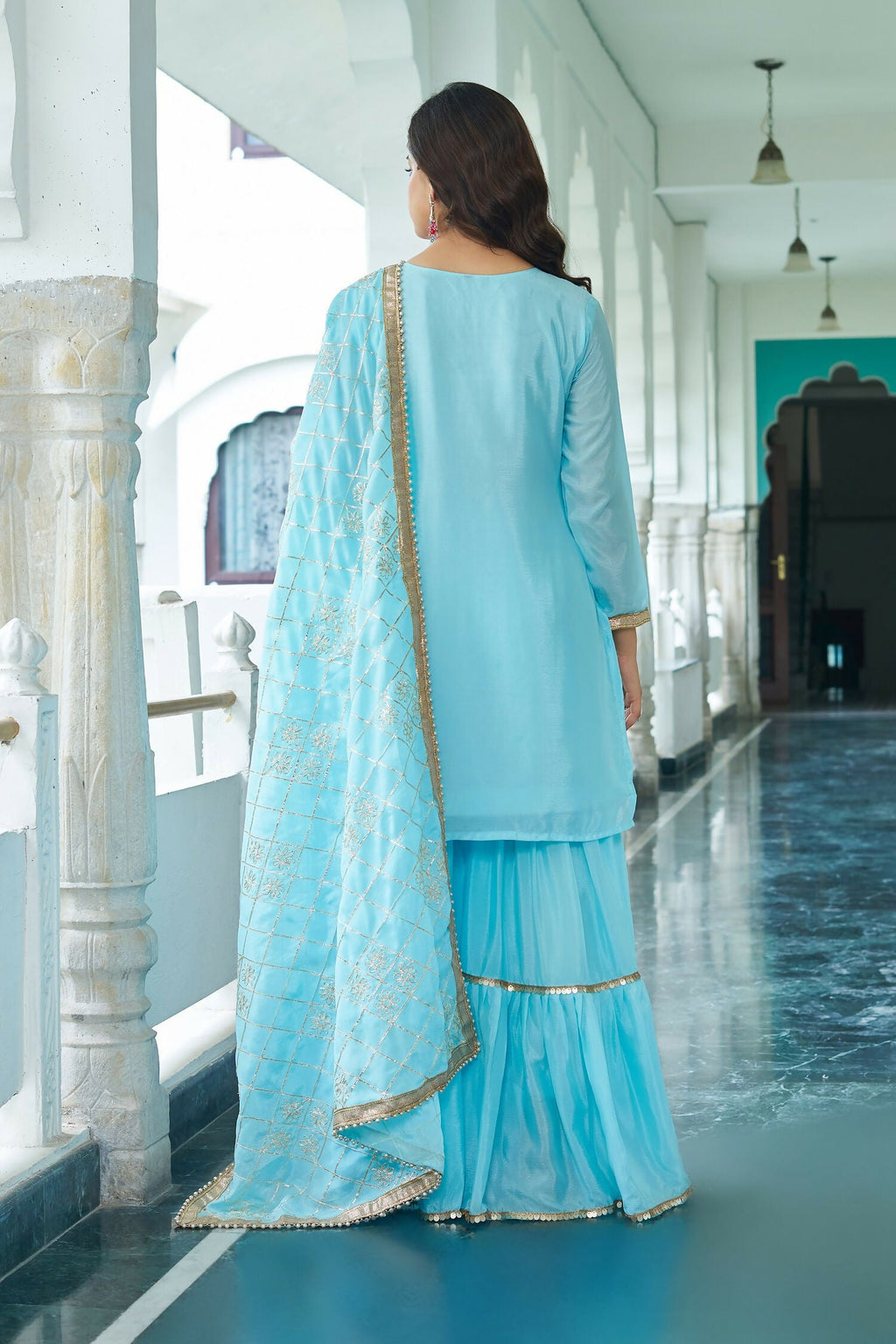 Joban Fashion Sky Blue Chinon Silk Embroidery Sequence Work Readymade Kurta Set - Distacart