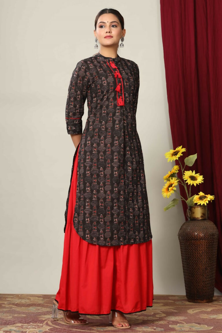 Miravan Women's Black Printed Pure Cotton Kurta With Skirt