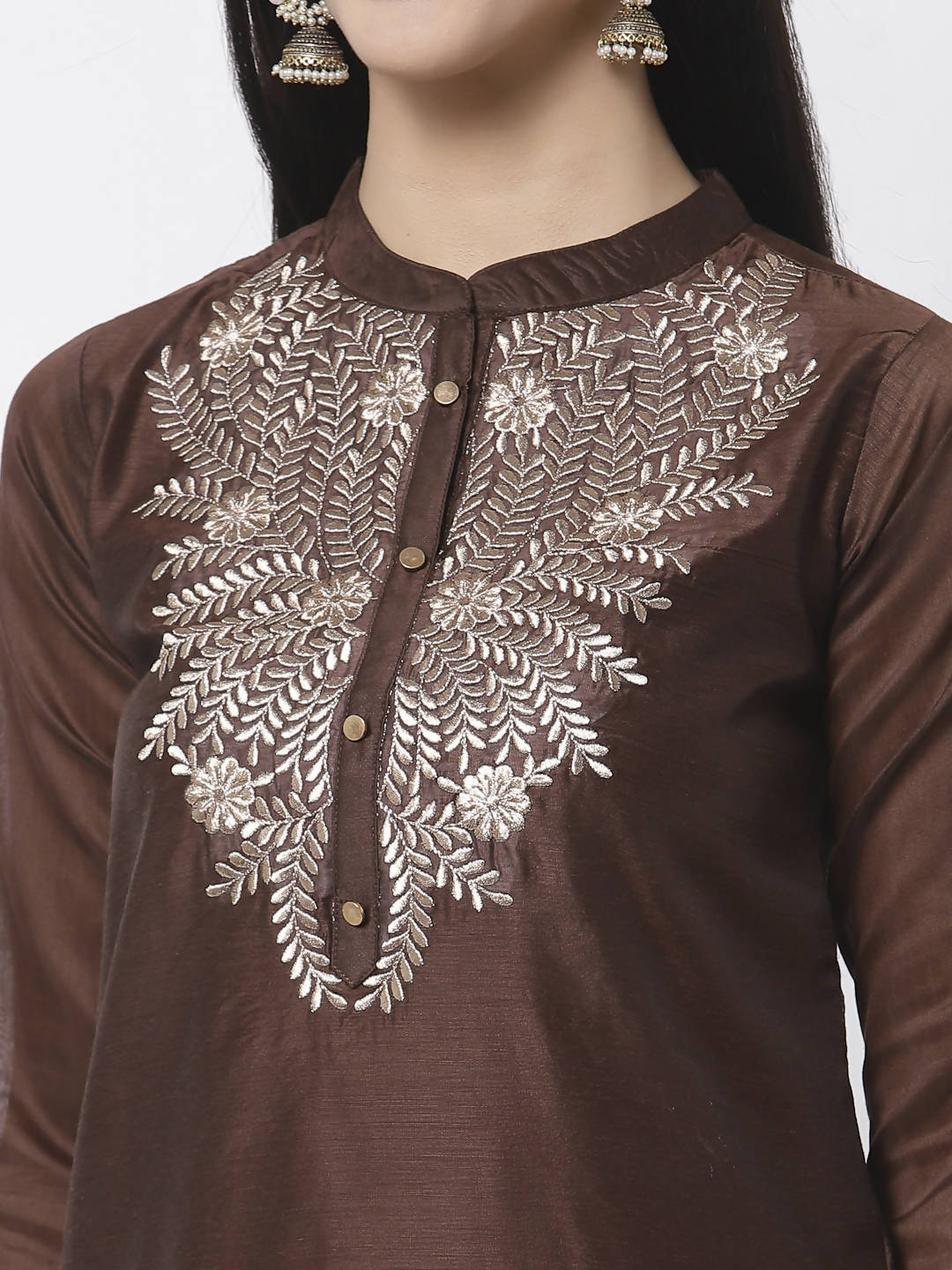 Myshka Women Maroon Chanderi Embroidered 3/4 Sleeve Round Neck Kurta
