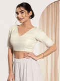 Joban Fashion Off White Crochet Padded Blouse With V Neck Elbow Sleeves - Distacart