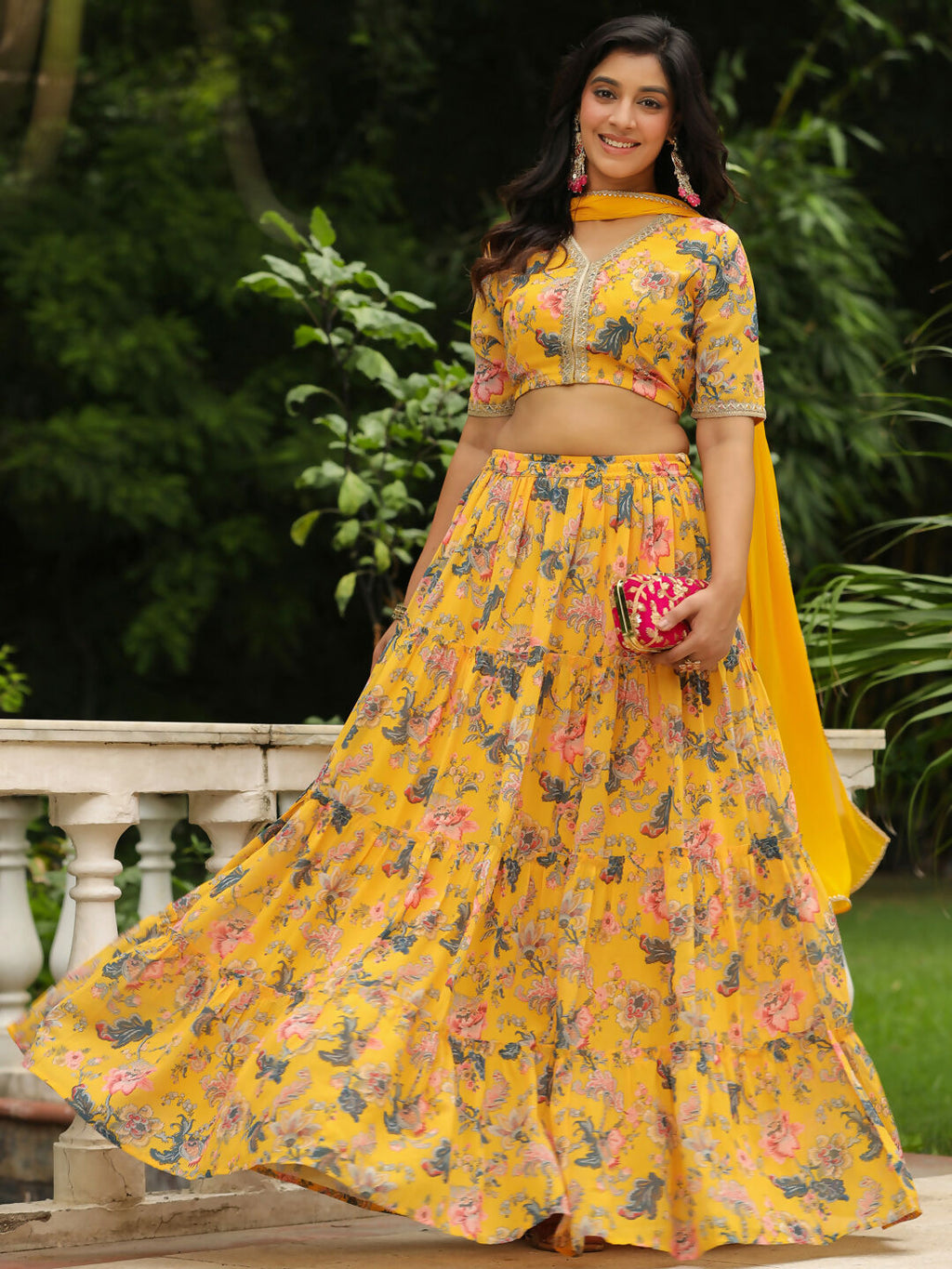 Janasya Yellow Georgette Floral Lehenga Choli Dupatta