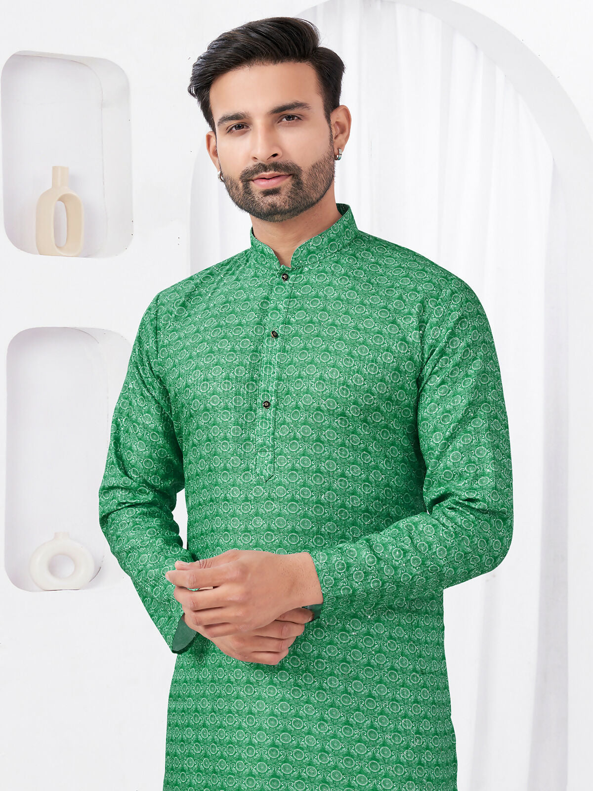 Joban Fashion Men's Rayon Cotton Green Printed Kurta Pyjama set
