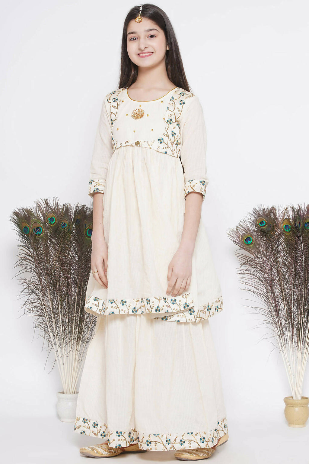 Little Bansi Blue Floral Embroidery Jacket with Cotton Kantha Frock Sharara and Dupatta with Ghungroo Handwork - Cream