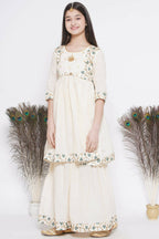 Little Bansi Blue Floral Embroidery Jacket with Cotton Kantha Frock Sharara and Dupatta with Ghungroo Handwork - Cream