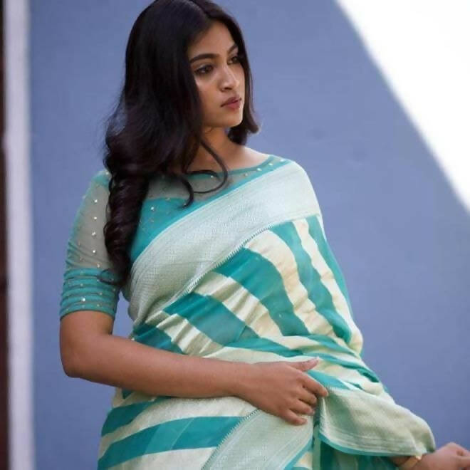 DEIANA'S Beautiful Designer Golden zari Soft Lichi Silk Saree - Sky