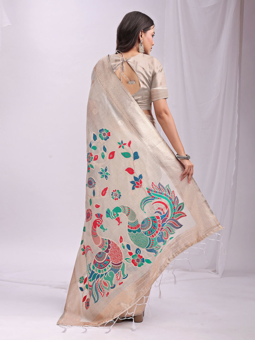 Shree Shyam Fashion Linen Cotton Cream Saree - Distacart