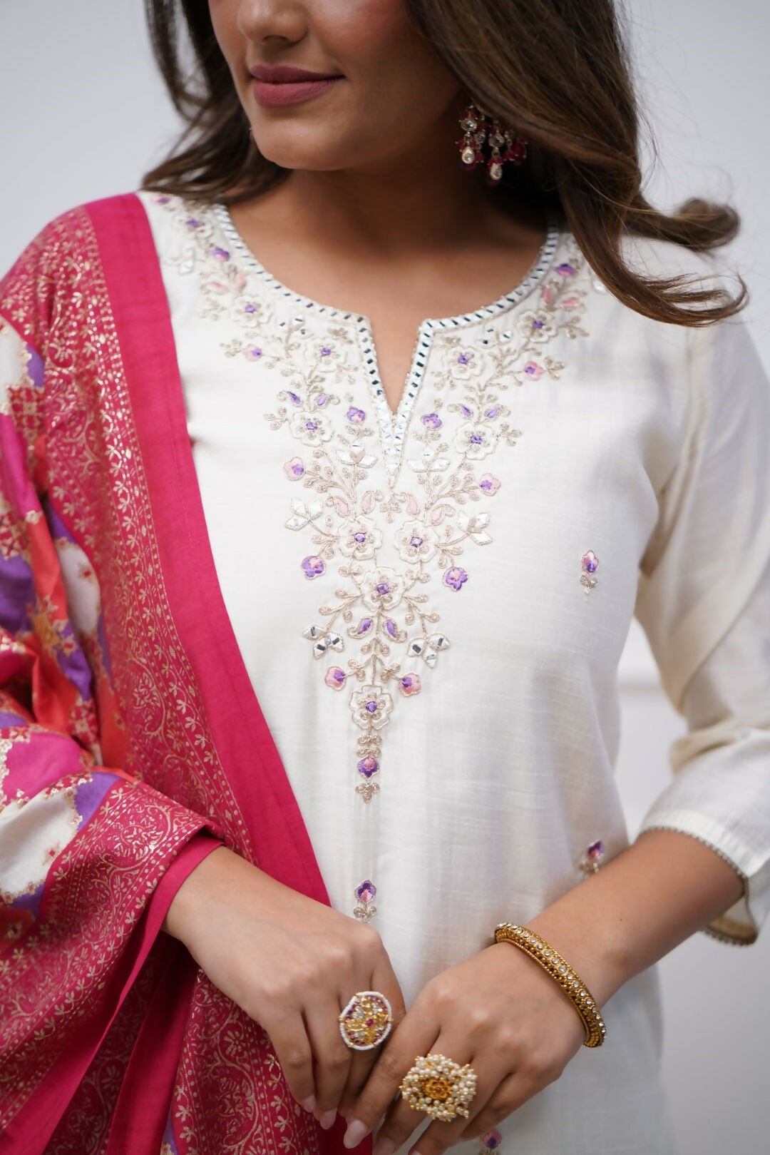 The52 Off White Beautiful Embroidered Viscose Chanderi Fabric Straight Kurta Pant with Dupatta Set - Distacart