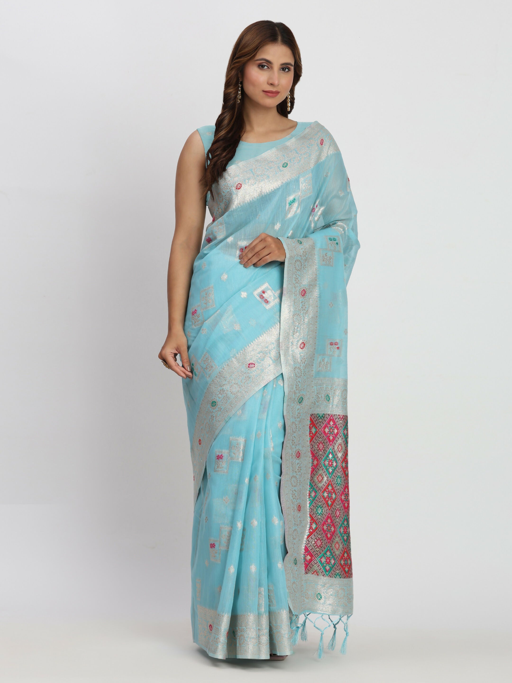 Shree Shyam Fashion Linen Cotton Sky Blue Saree - Distacart