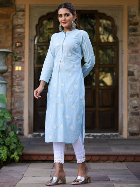 Juniper Women's Blue Cambric Embroidered Straight Kurta