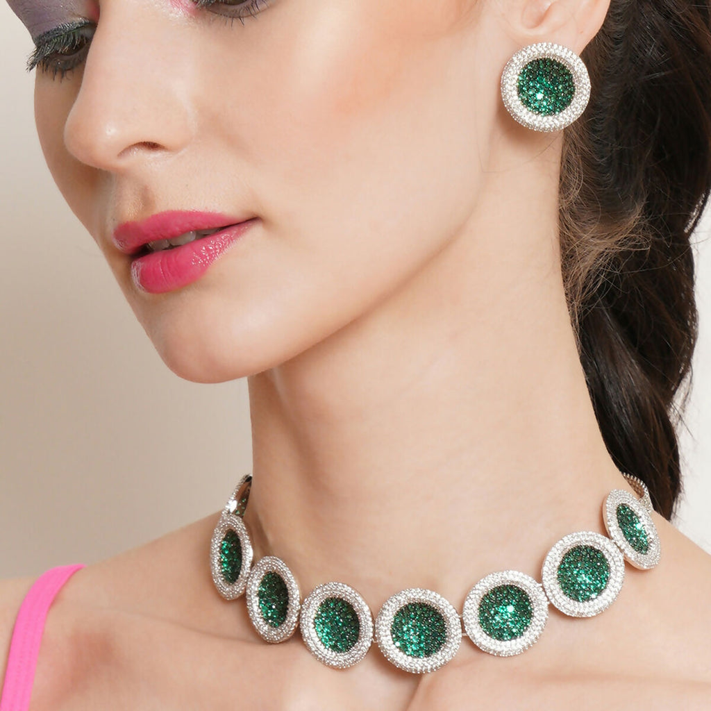 Jade Diamond and Stone Neckpiece with Studs- Ruby Raang