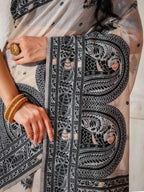 Shree Shyam Fashion Linen Cotton Black & Cream Saree - Distacart