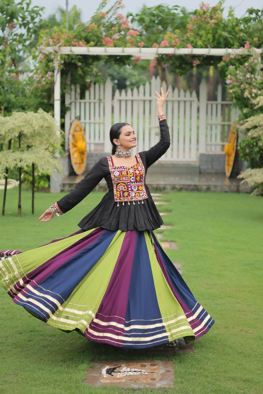 Teeya Creation Multi Colour Reyon Silk Gamathi Work Navratri lehenga Choli