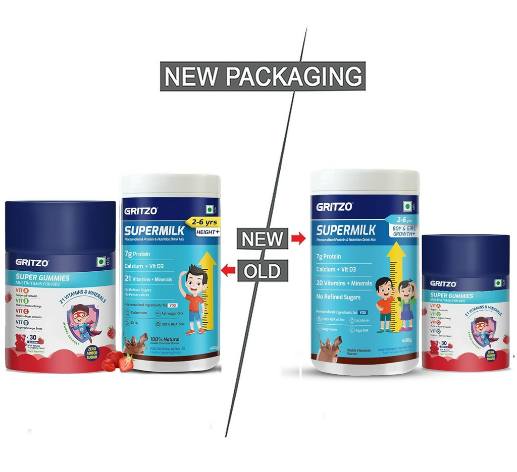 Gritzo SuperMilk Growth+ (Formerly Height+) (2-6y Boy & Girl) (Double Chocolate ) with Super Gummies (Strawberry)
